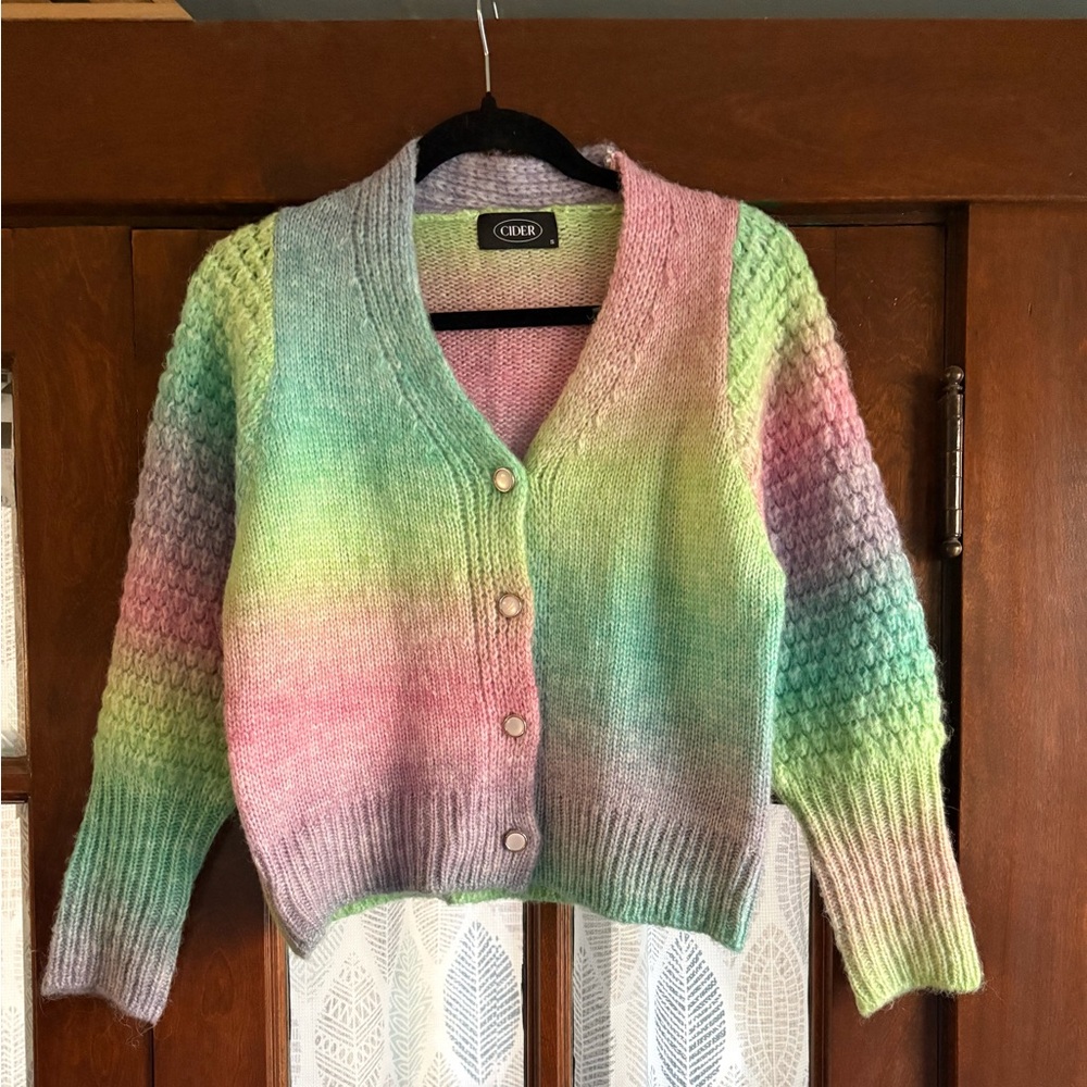 Cider Pastel Gradient Rainbow Mixed Knit Cardigan Gold Pearl Buttons Whimsical